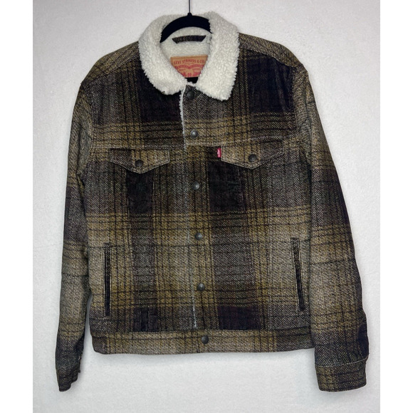 Levi's Men's Sherpa Lined Plaid Corduroy Trucker Jacket Size Medium Snap Button - Picture 1 of 12